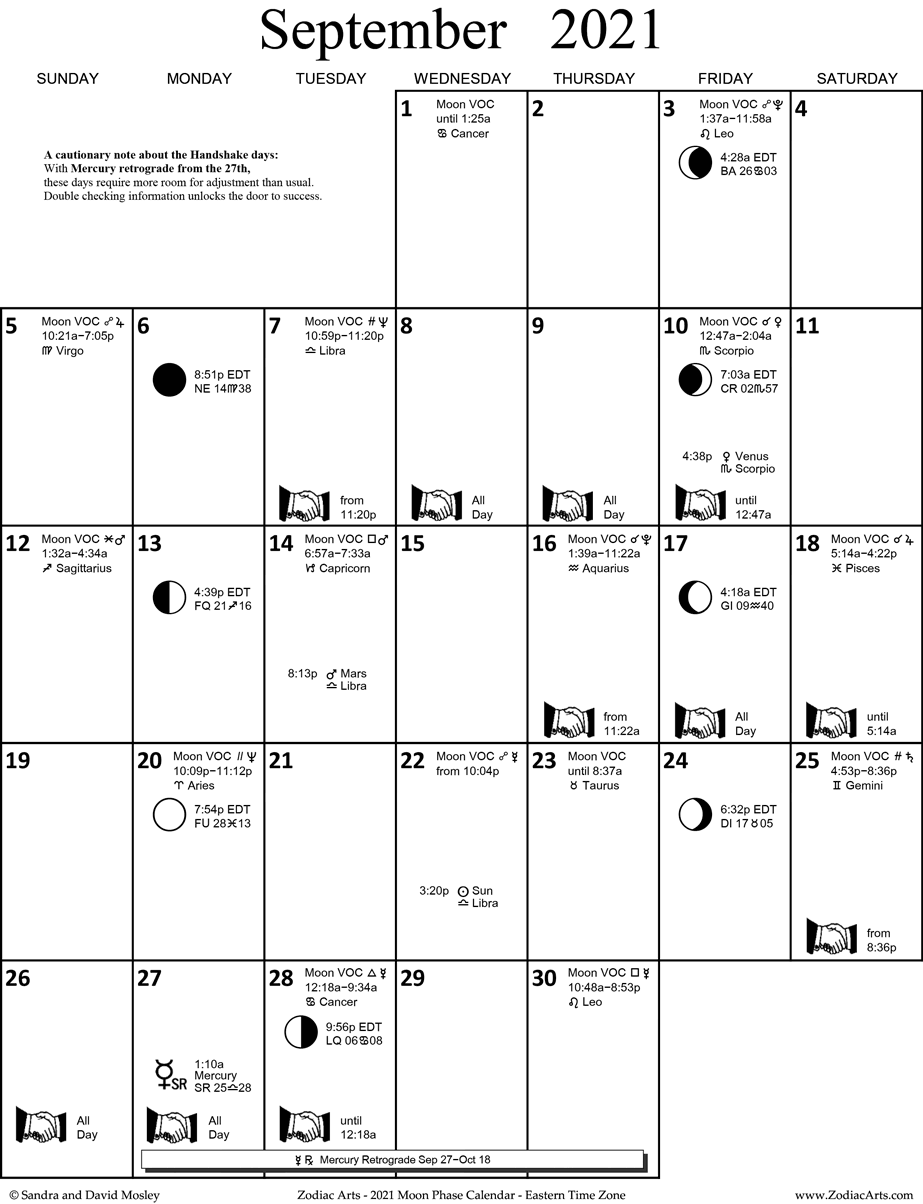 Zodiac Arts Moon Phase Calendar for Eastern Time